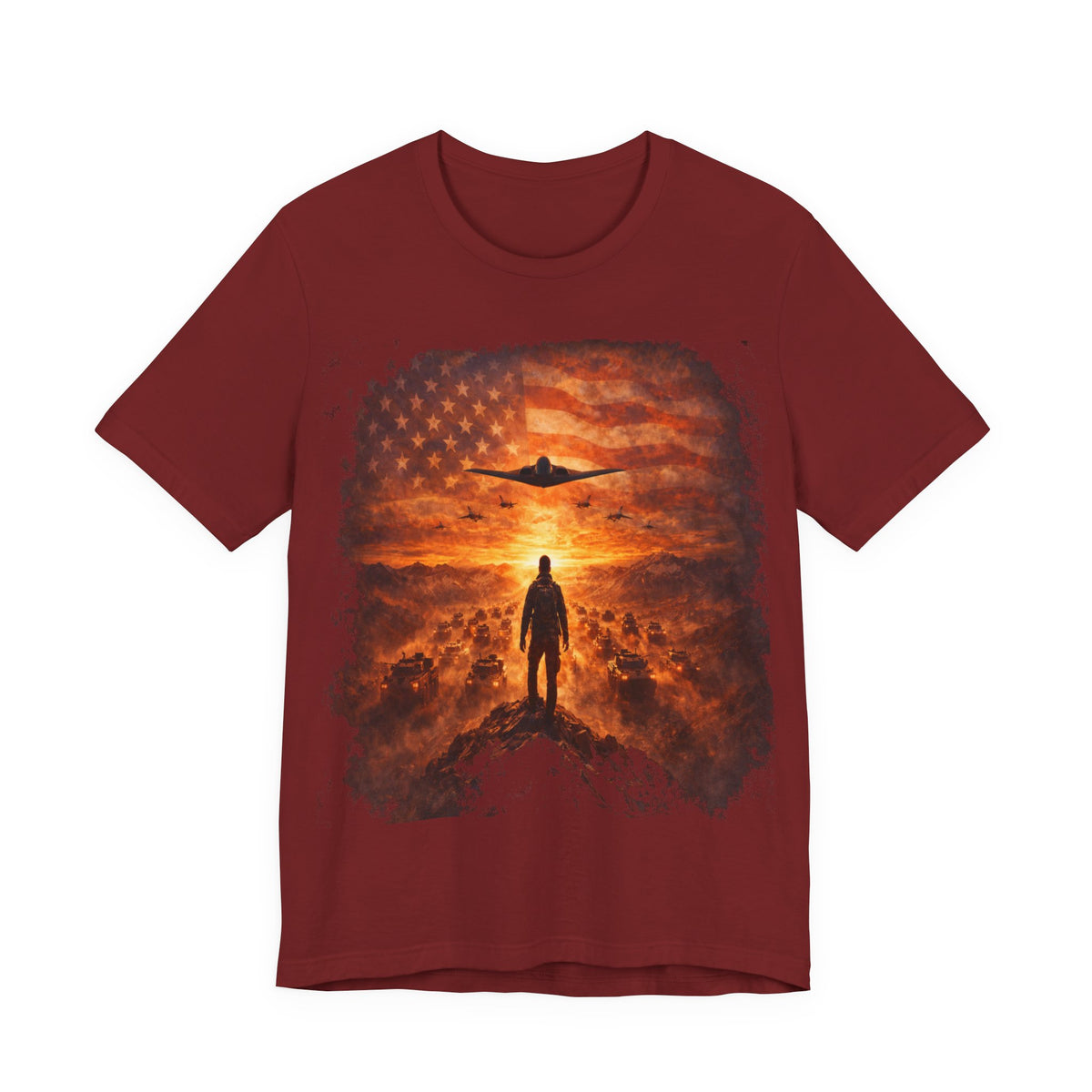 USA-Military Aviation T-Shirt — Bomber Silhouette with American Flag Sunset