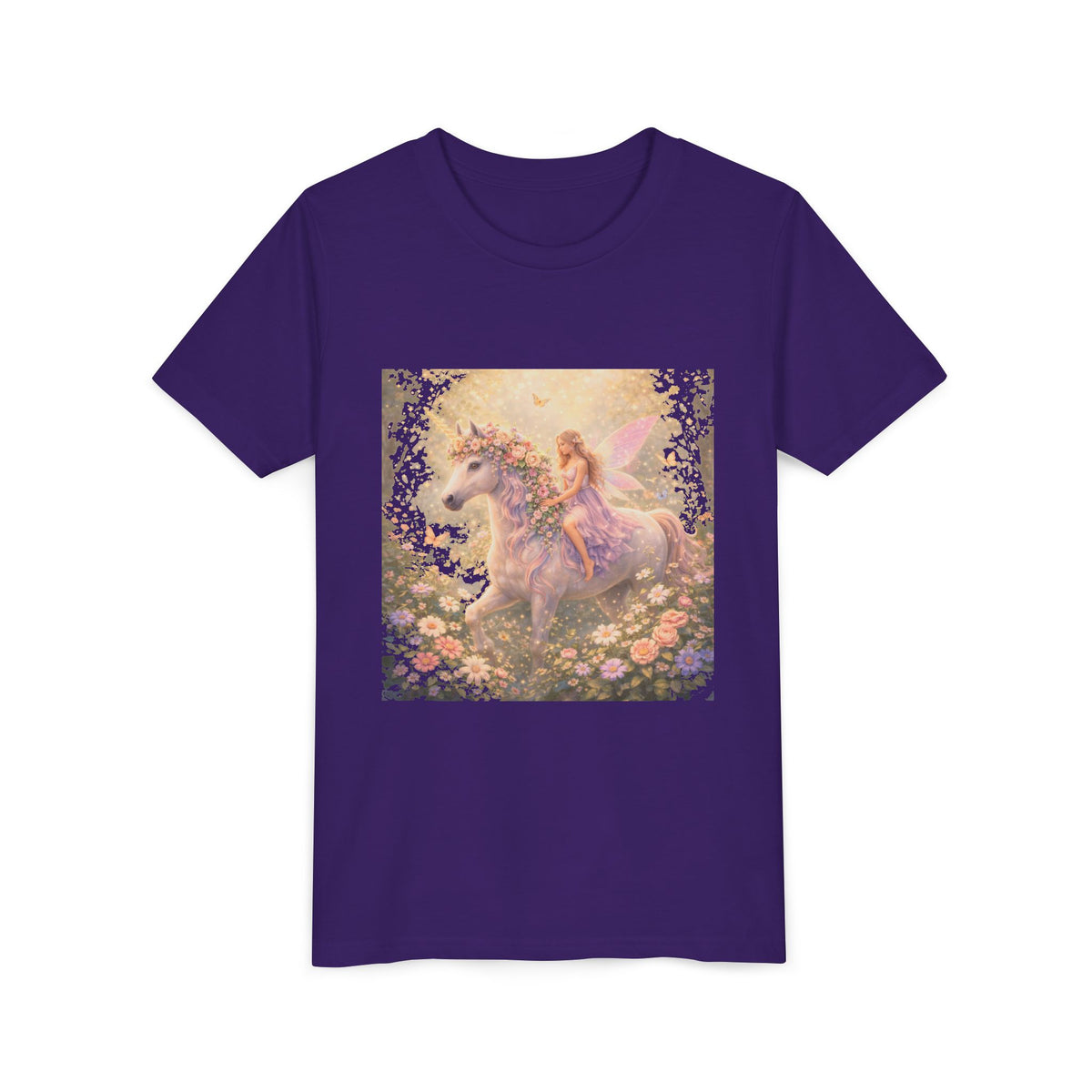 Youth Tee — Magical Fairy Riding Unicorn in Floral Garden Kids Shirt