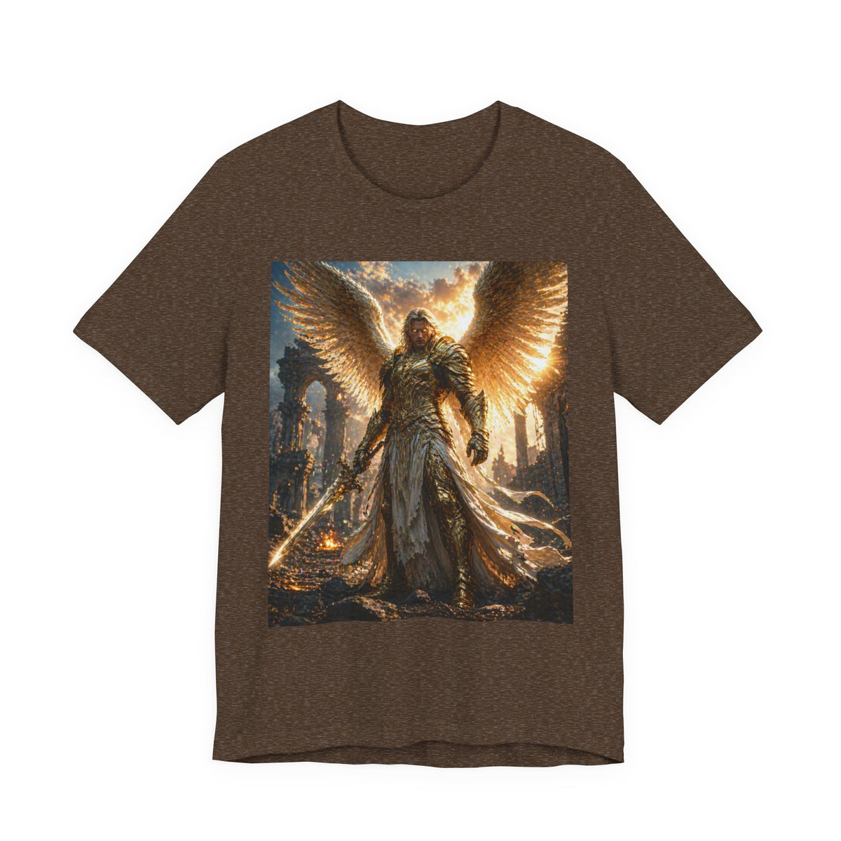 Angel Warrior Graphic Tee — Golden Archangel Battle Scene T-Shirt