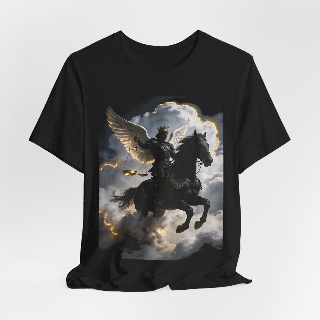 Revelation 6:5-6! And on the horse was a rider with wings as an angle dress as an warrior in black holding a golden a pair of scalesT‑Shirt — Winged Knight Graphic Tee