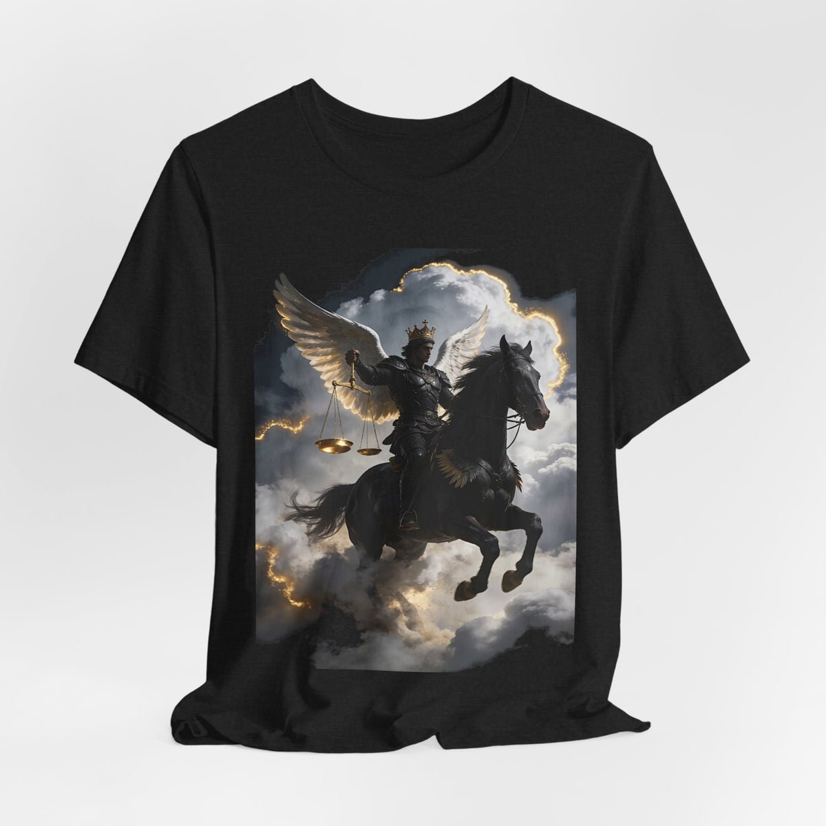 Revelation 6:5-6! And on the horse was a rider with wings as an angle dress as an warrior in black holding a golden a pair of scalesT‑Shirt — Winged Knight Graphic Tee