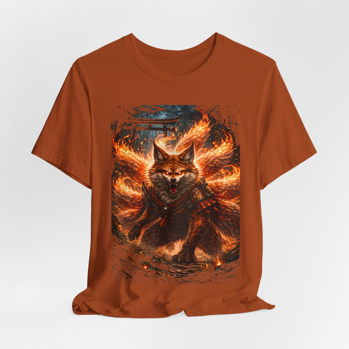 Fiery Nine-Tailed Fox Graphic Tee – Mythic Kitsune Flame Shirt