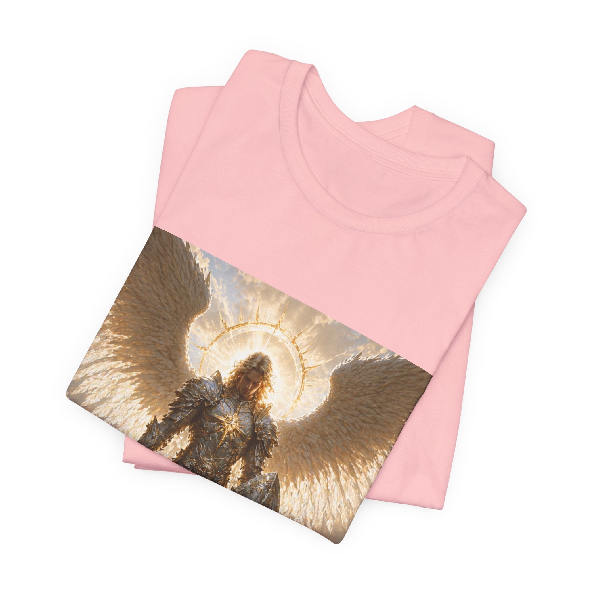 Archangel Warrior Graphic Tee — Golden Angel with Sword & Shield