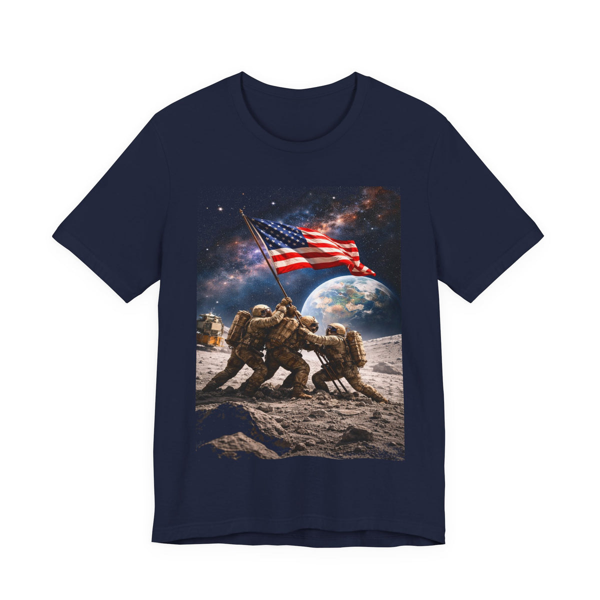 Patriotic Moon Landing Tee — Soldiers Raising American Flag Graphic T-Shirt