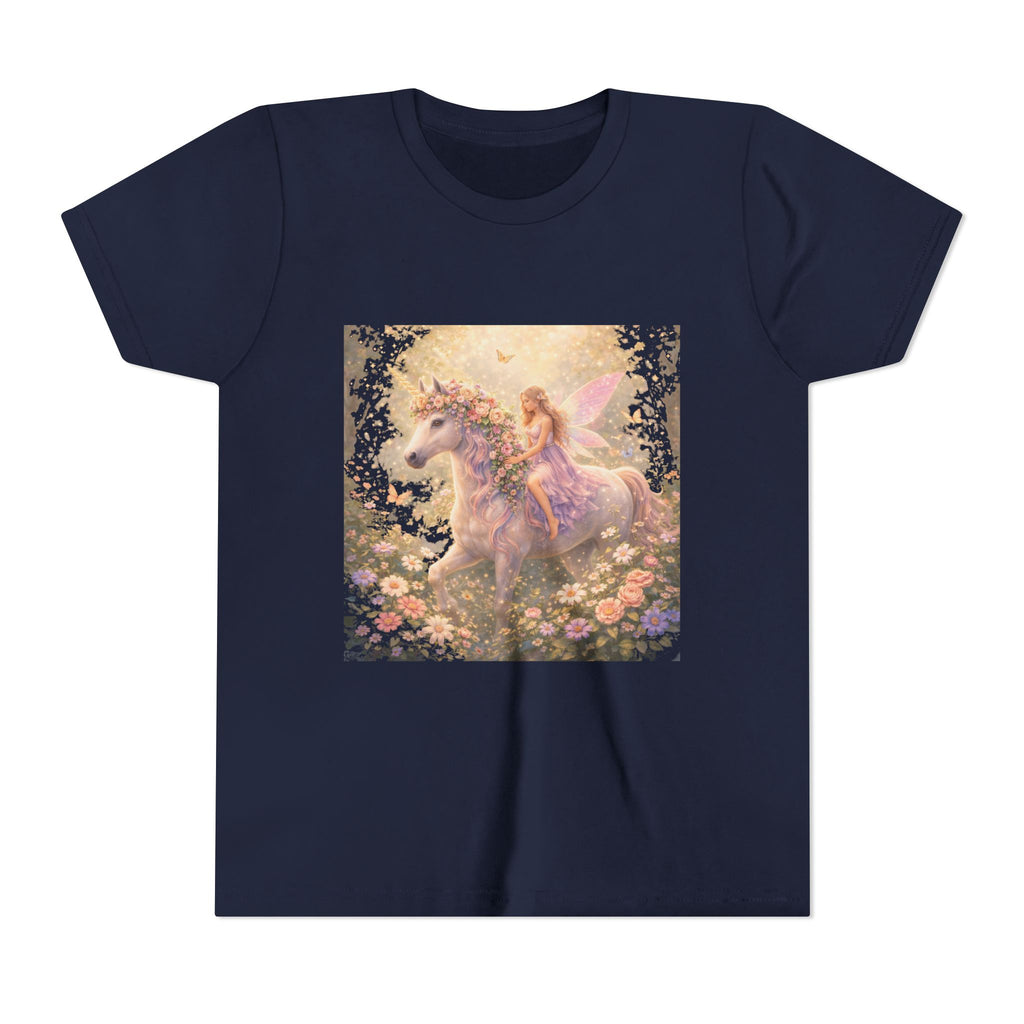 Youth Tee — Magical Fairy Riding Unicorn in Floral Garden Kids Shirt