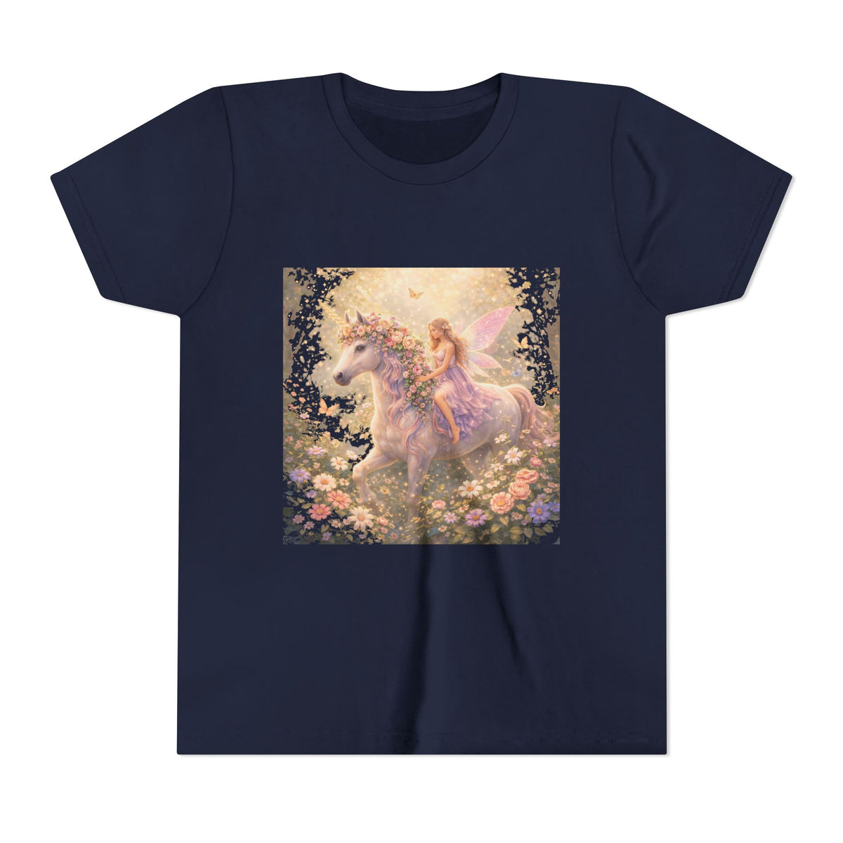 Youth Tee — Magical Fairy Riding Unicorn in Floral Garden Kids Shirt