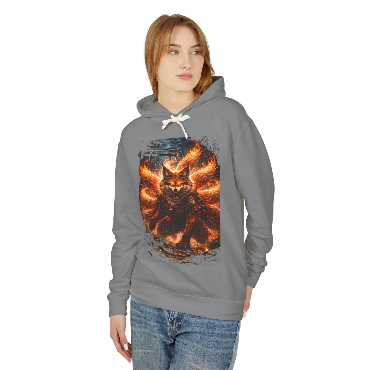 Fiery Nine-Tailed Fox Hoodie — Kitsune Flame Graphic Sweatshirt