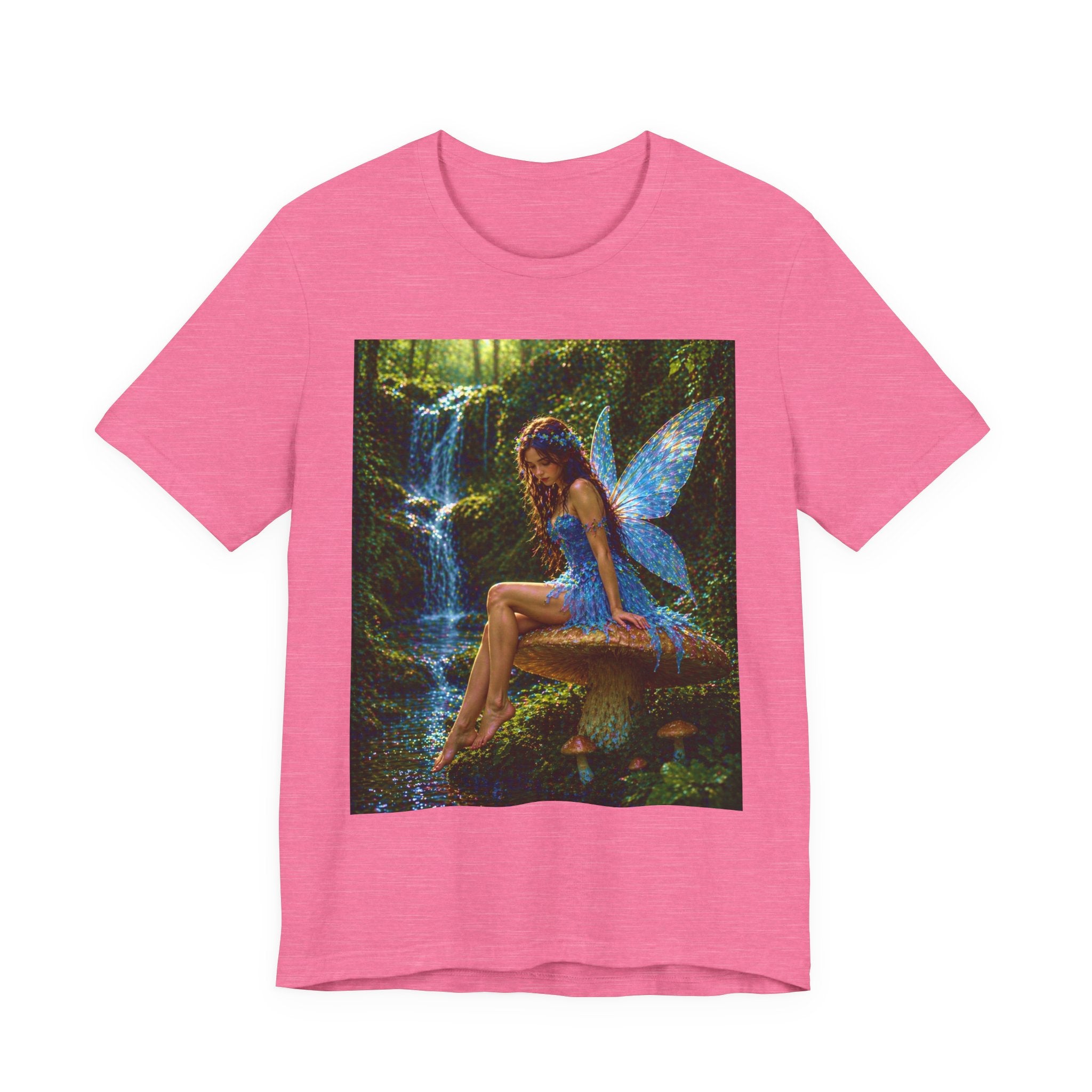 Fairy Forest T-Shirt — Enchanted Blue Fairy Sitting by Waterfall