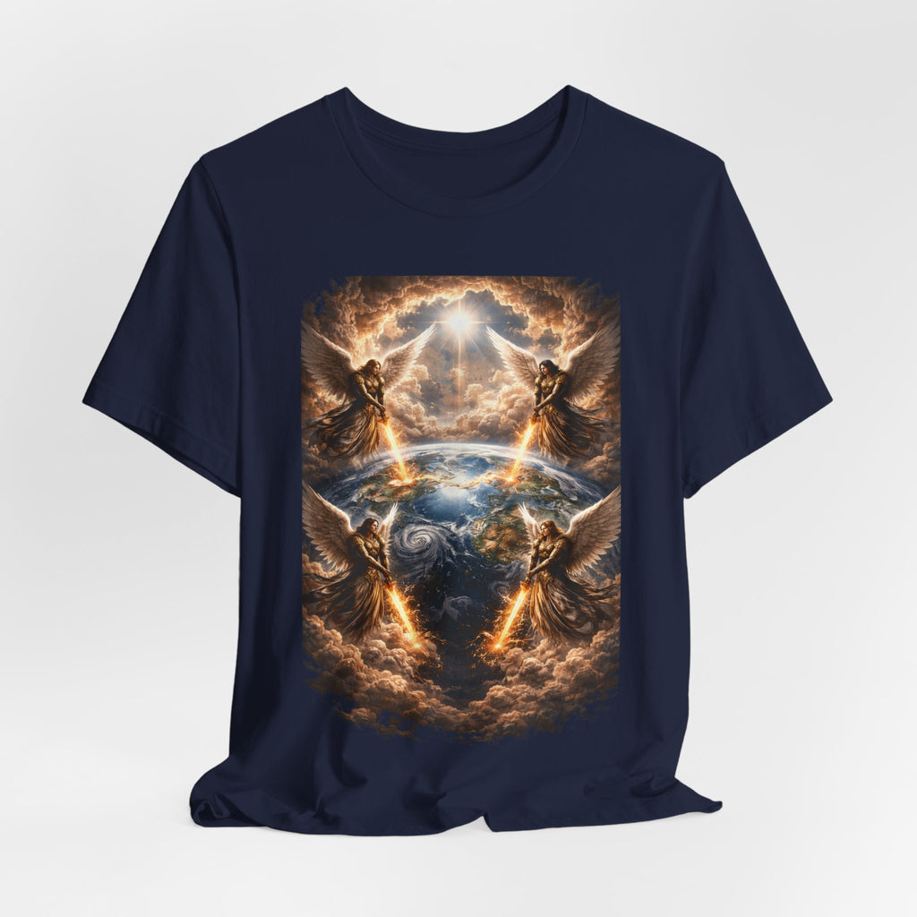 Revelation 7:1 Four angels standing on the four corners of the earth as seen from heaven-when the secound comingis near T‑Shirt — Heavenly Earth & Angels Graphic Tee