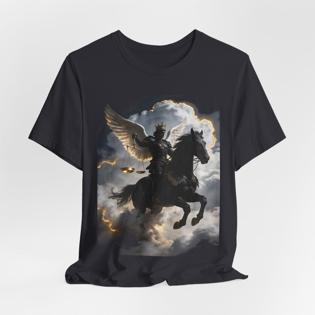 Revelation 6:5-6! And on the horse was a rider with wings as an angle dress as an warrior in black holding a golden a pair of scalesT‑Shirt — Winged Knight Graphic Tee