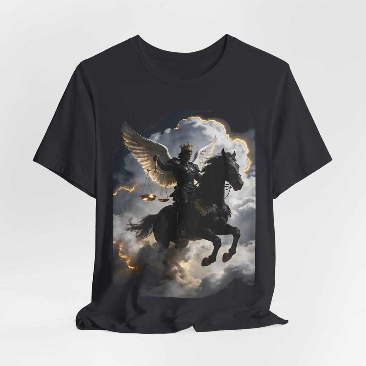 Revelation 6:5-6! And on the horse was a rider with wings as an angle dress as an warrior in black holding a golden a pair of scalesT‑Shirt — Winged Knight Graphic Tee