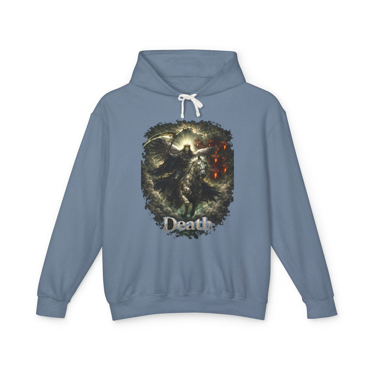 Revelation 6:7-8! And on the Pale horse was a rider  as an angle dress as death and he wore a crown !Death Reaper Graphic Hoodie — Gothic Dark Fantasy Pullover