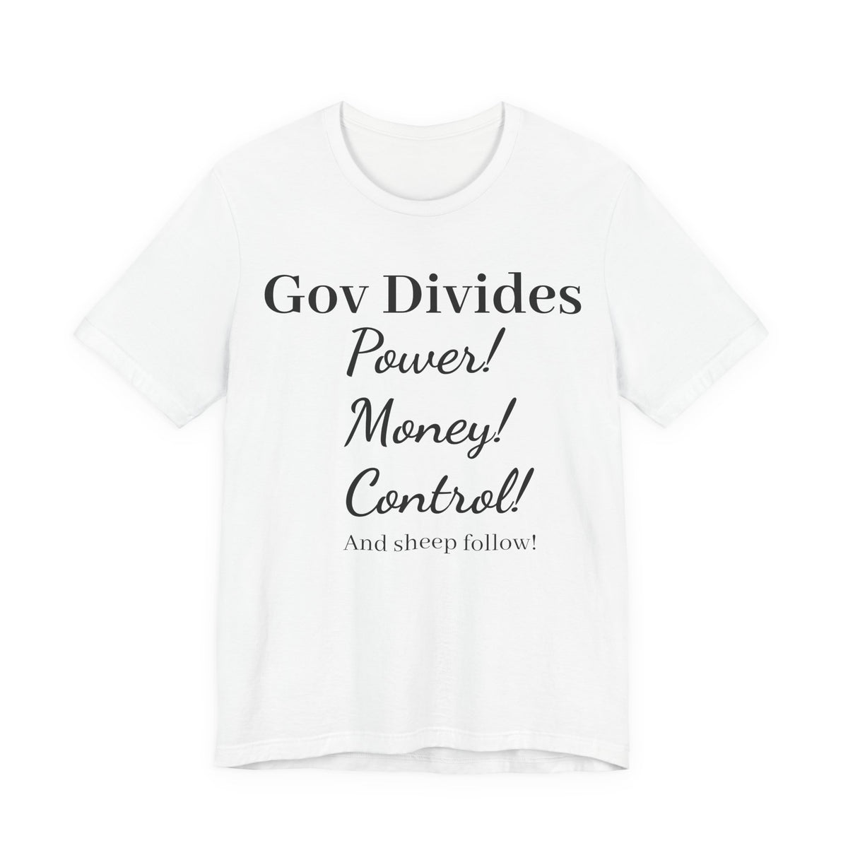 Gov Divides T‑Shirt – "Gov Divides: Power! Money! Control!" Political Statement Tee