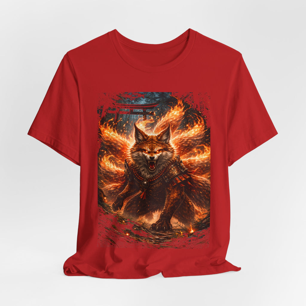 Fiery Nine-Tailed Fox Graphic Tee – Mythic Kitsune Flame Shirt