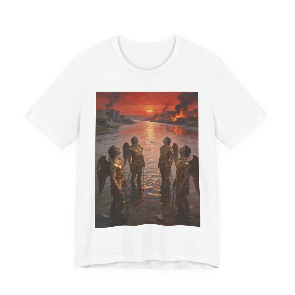 Revelation 9 reveals four fallen angels bound in the Euphrates River, awaiting God’s appointed time to bring judgment. T-Shirt