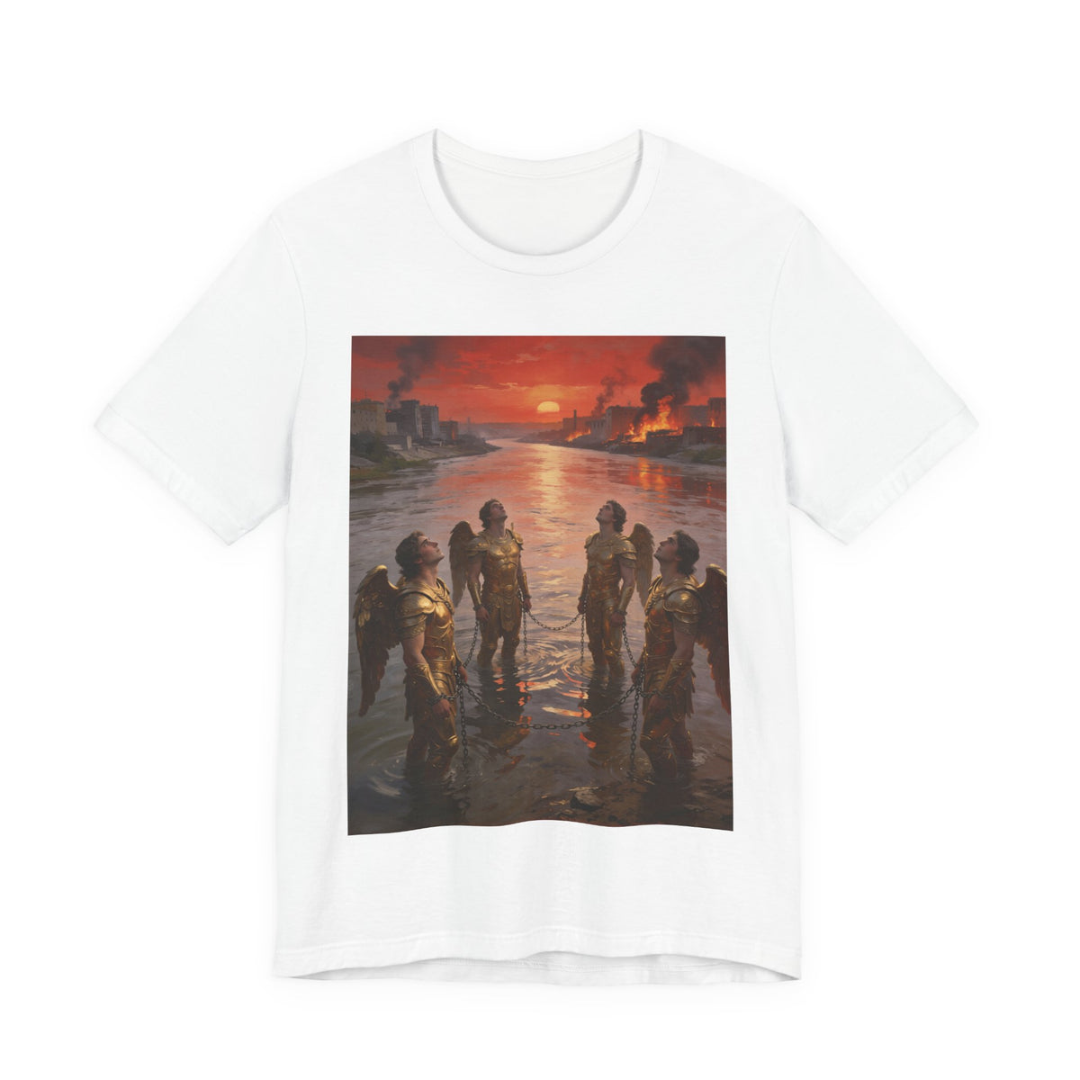 Revelation 9 reveals four fallen angels bound in the Euphrates River, awaiting God’s appointed time to bring judgment. T-Shirt