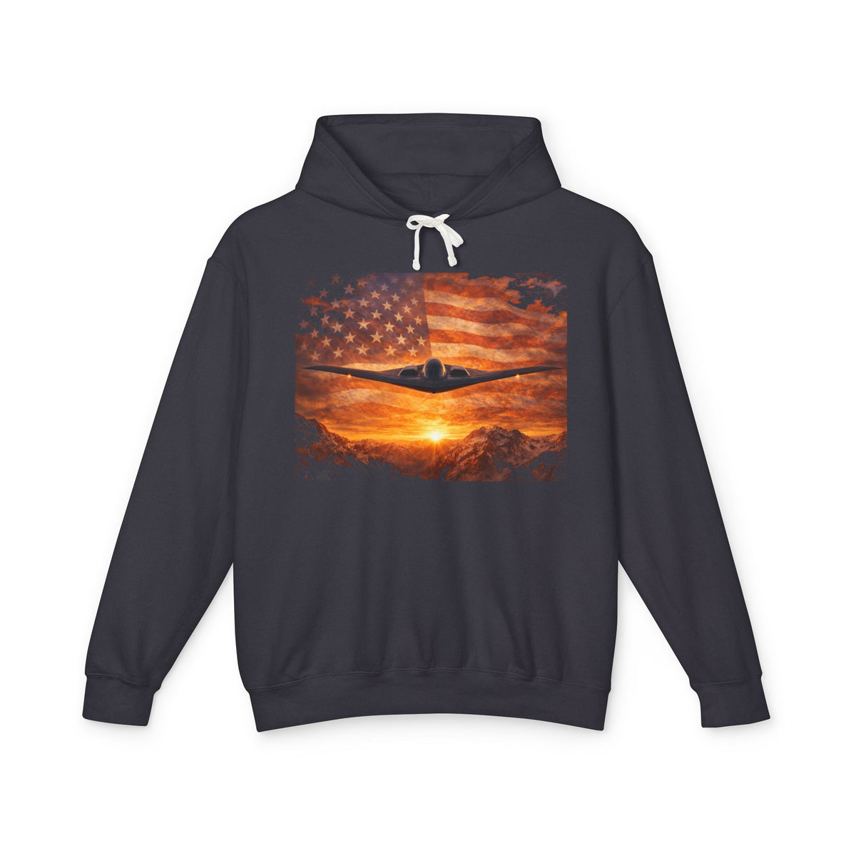 B-2 Stealth Bomber Flag Hoodie — American Aviation Sunset Pullover