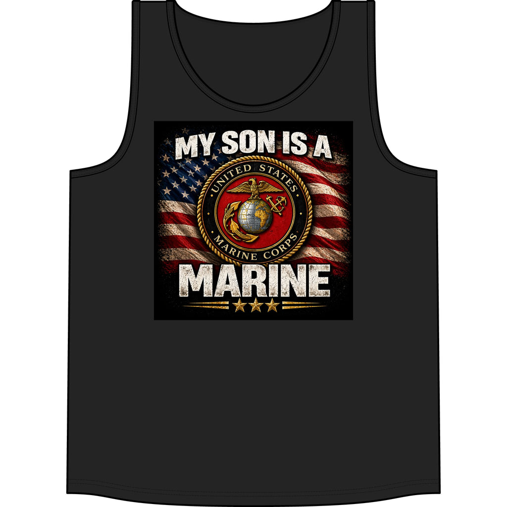 My Son Is A Marine Tank Top – USMC Emblem American Flag Tribute