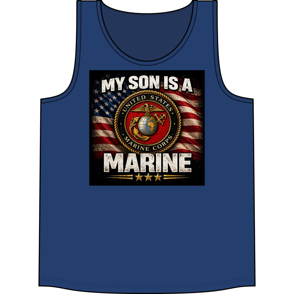 My Son Is A Marine Tank Top – USMC Emblem American Flag Tribute