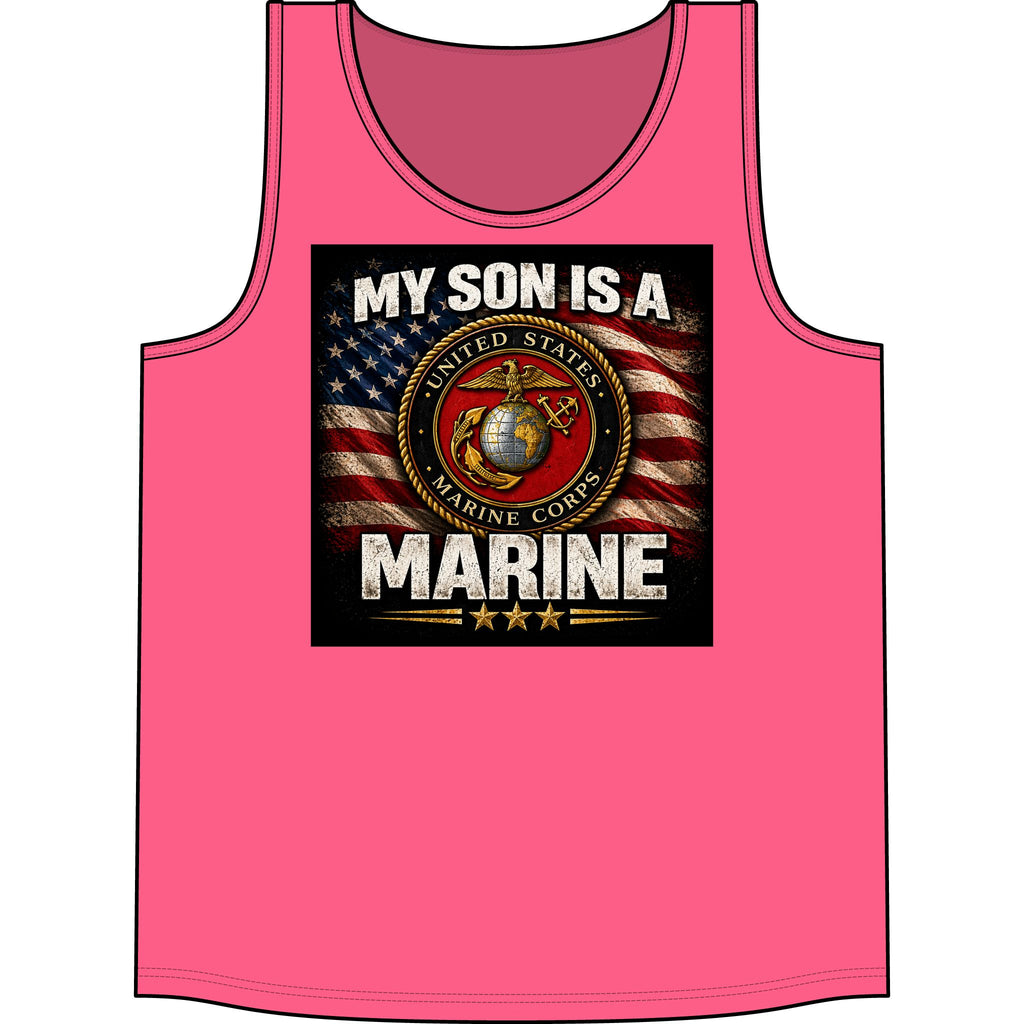 My Son Is A Marine Tank Top – USMC Emblem American Flag Tribute