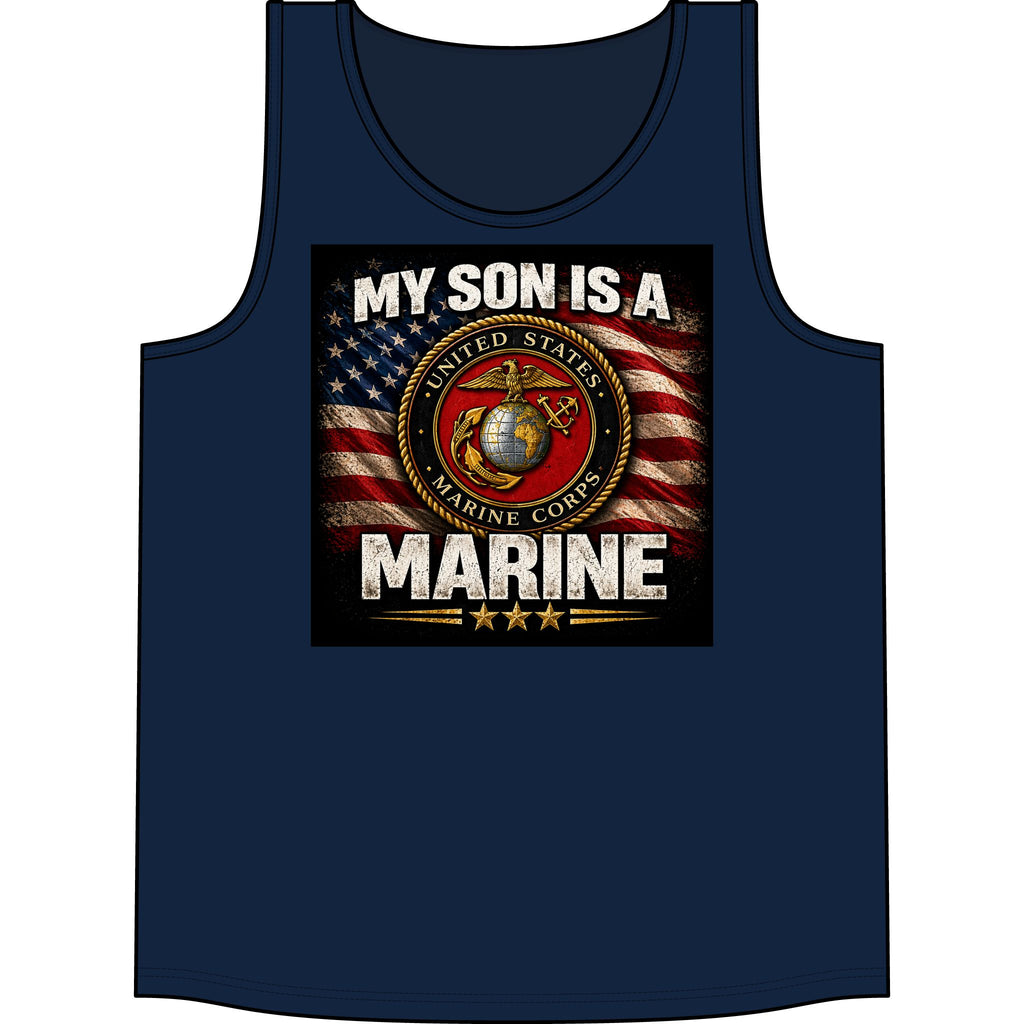 My Son Is A Marine Tank Top – USMC Emblem American Flag Tribute