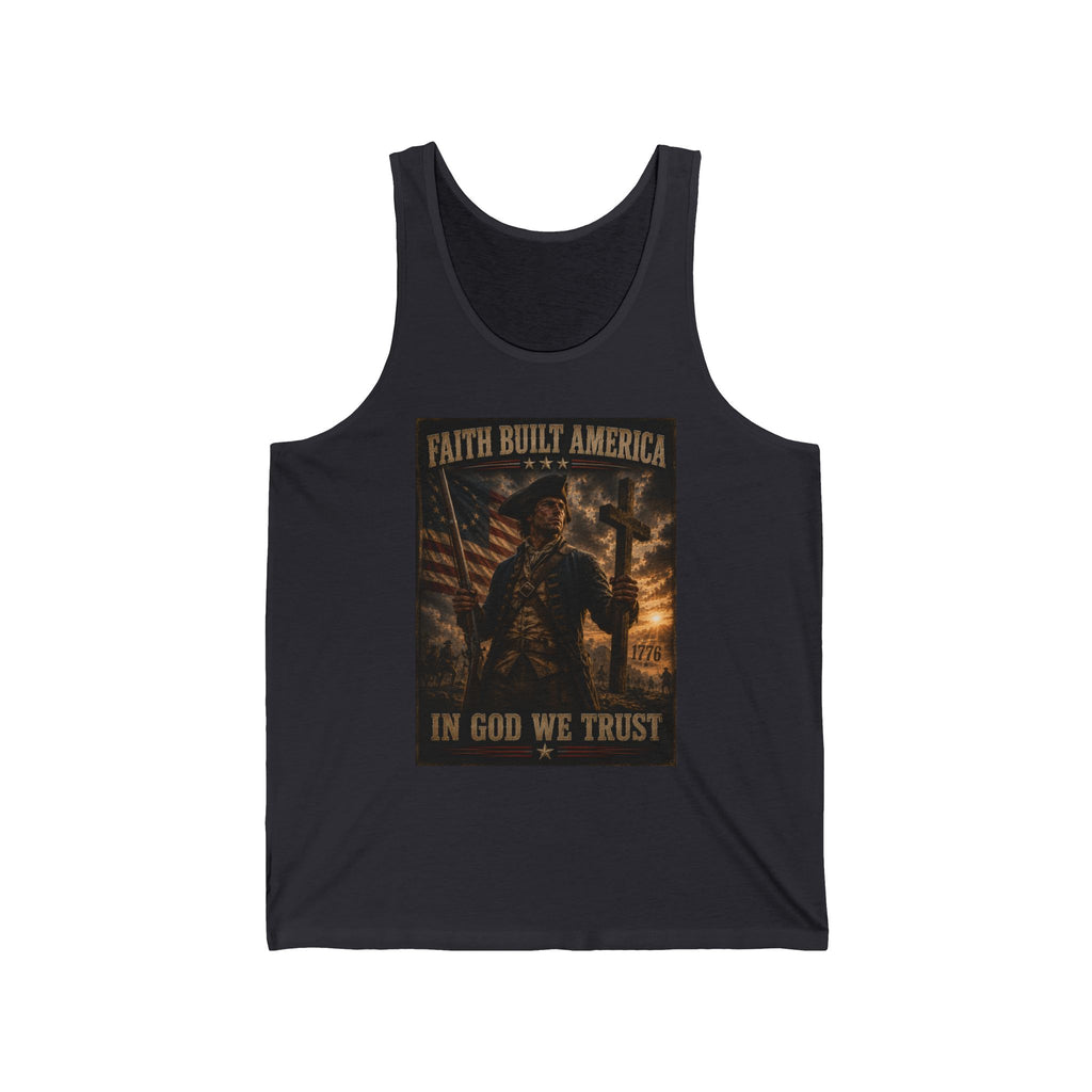 Patriotic Tank Top - "Faith Built America, In God We Trust" Vintage Soldier Design