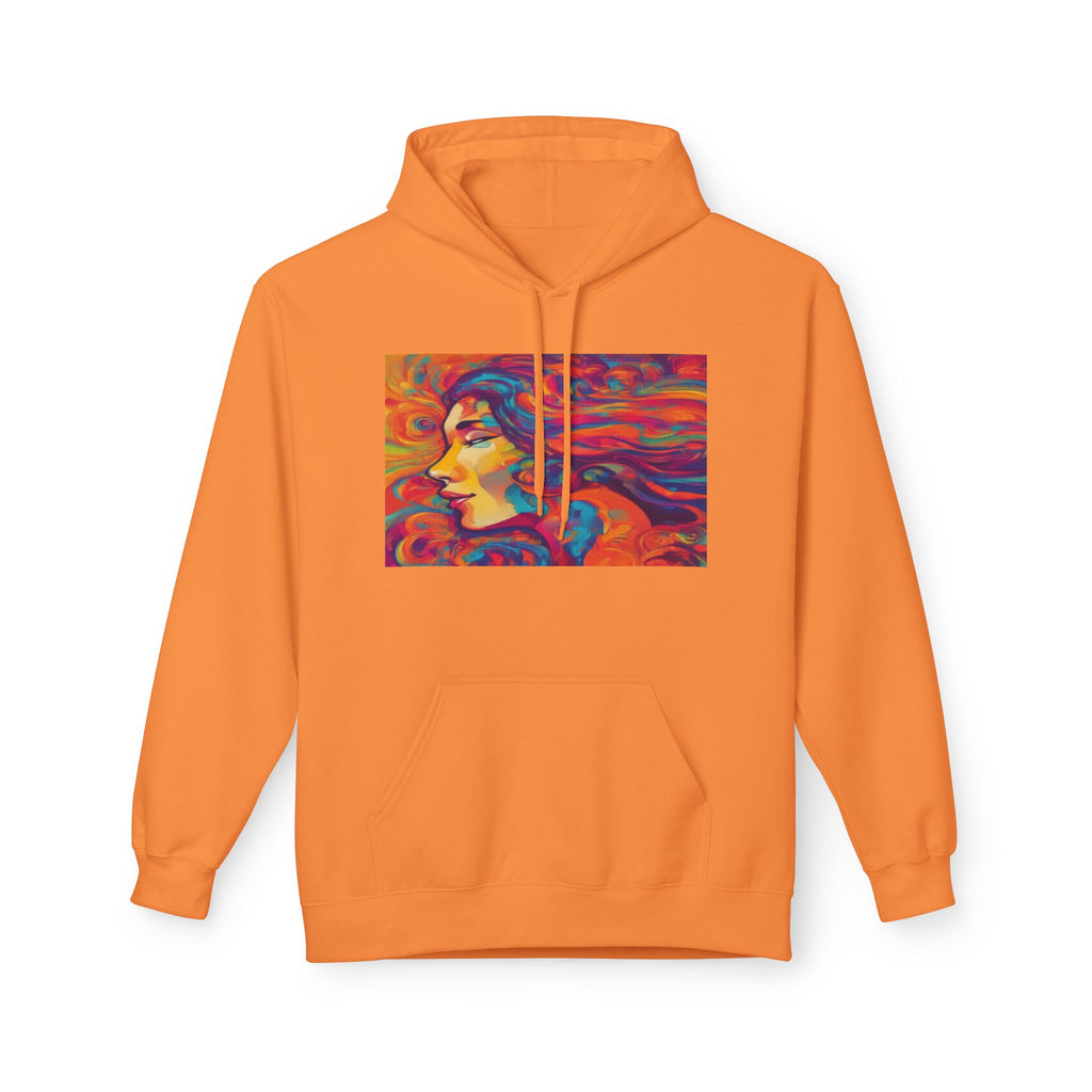 Colorful 1970s Psychedelic Woman Portrait Hoodie — Vibrant Retro Art Pullover