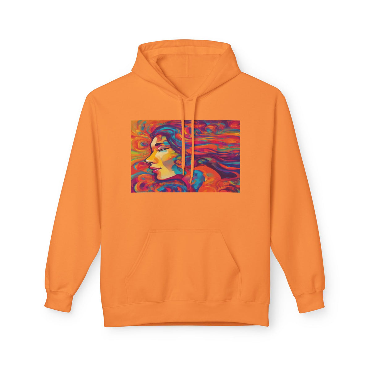 Colorful 1970s Psychedelic Woman Portrait Hoodie — Vibrant Retro Art Pullover