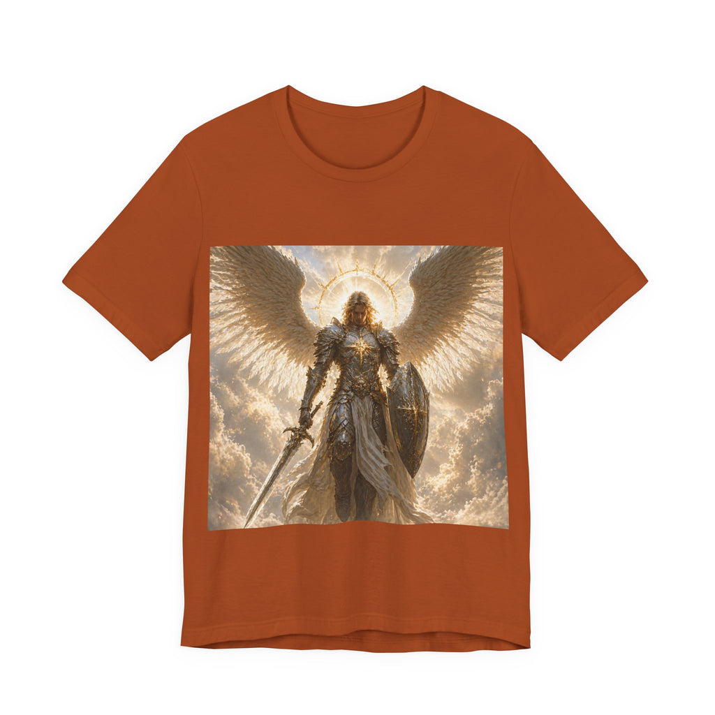 Archangel Warrior Graphic Tee — Golden Angel with Sword & Shield