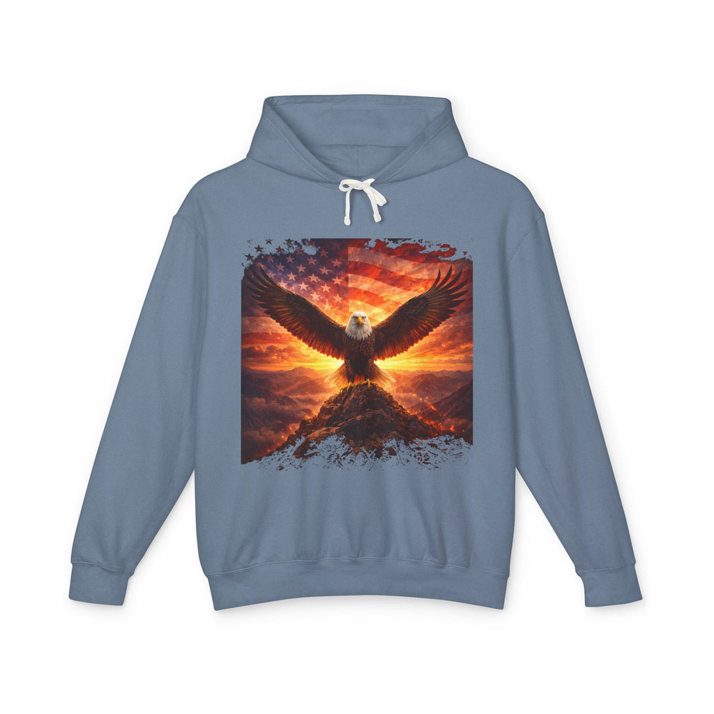 Eagle Rising Hoodie — Patriotic Bald Eagle Sunset Graphic Sweatshirt