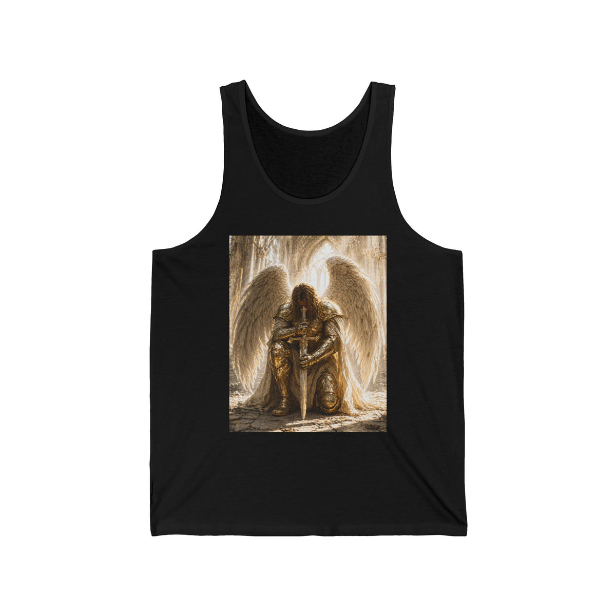 Guardian Angel Tank Top — Kneeling Angel with Sword Spiritual Graphic Tank