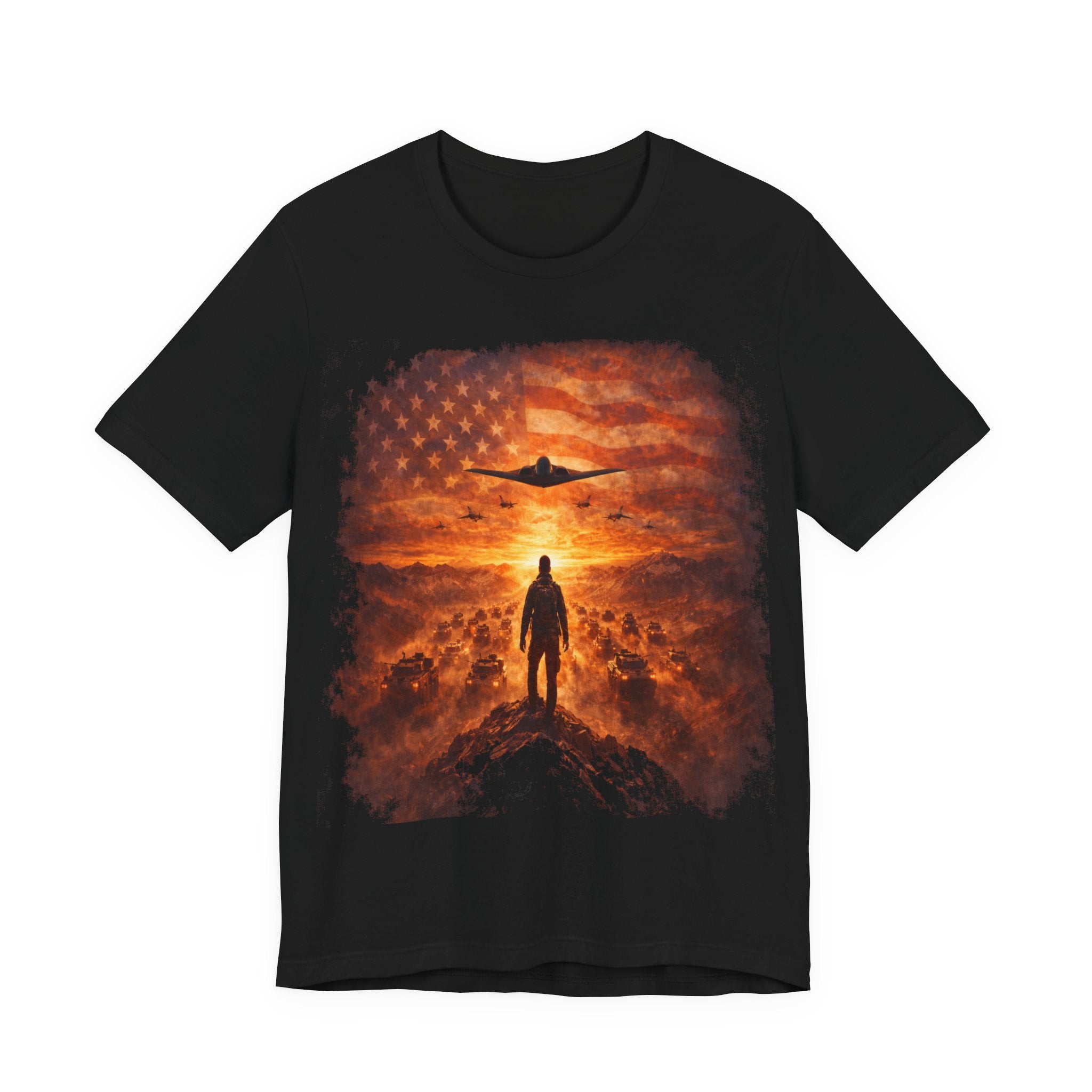 USA-Military Aviation T-Shirt — Bomber Silhouette with American Flag Sunset
