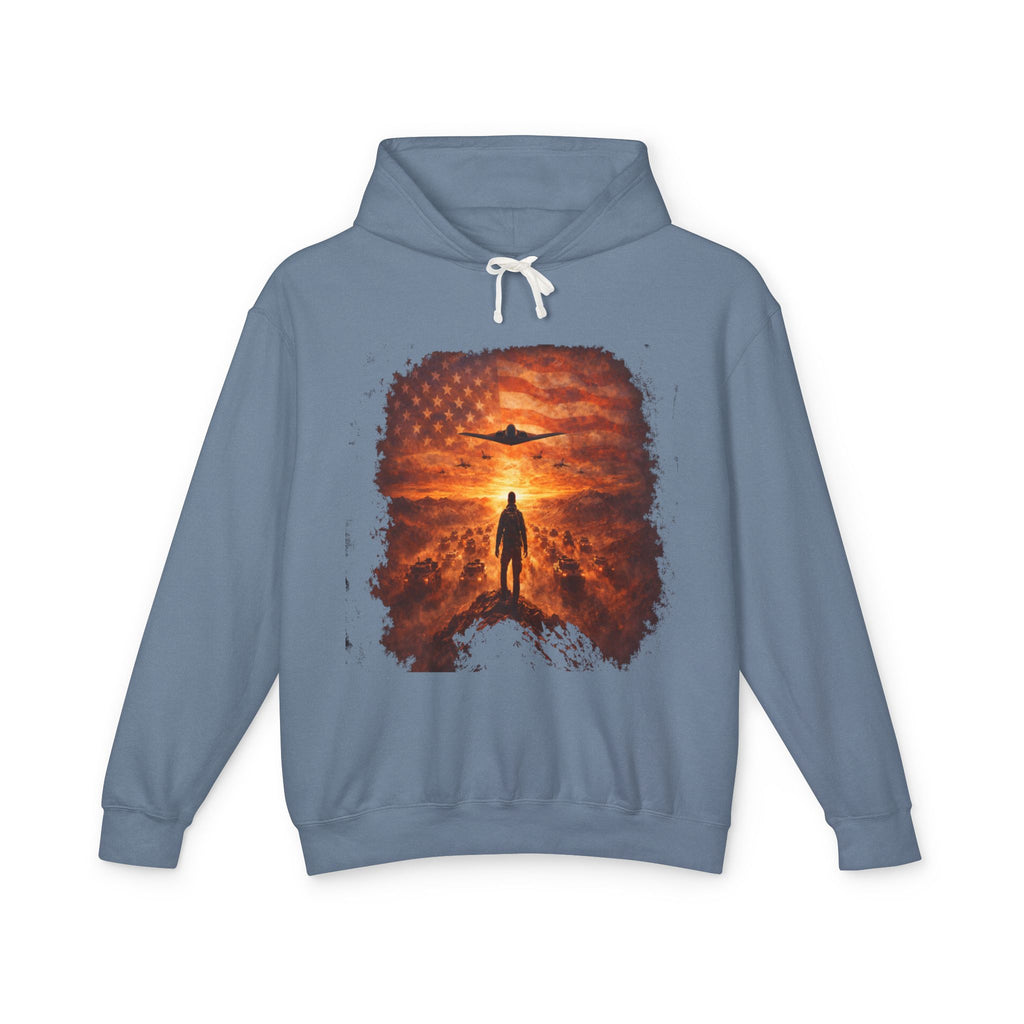 B2 Sprite---Sunset Flag Hoodie — Alien Silhouette American Flag Graphic