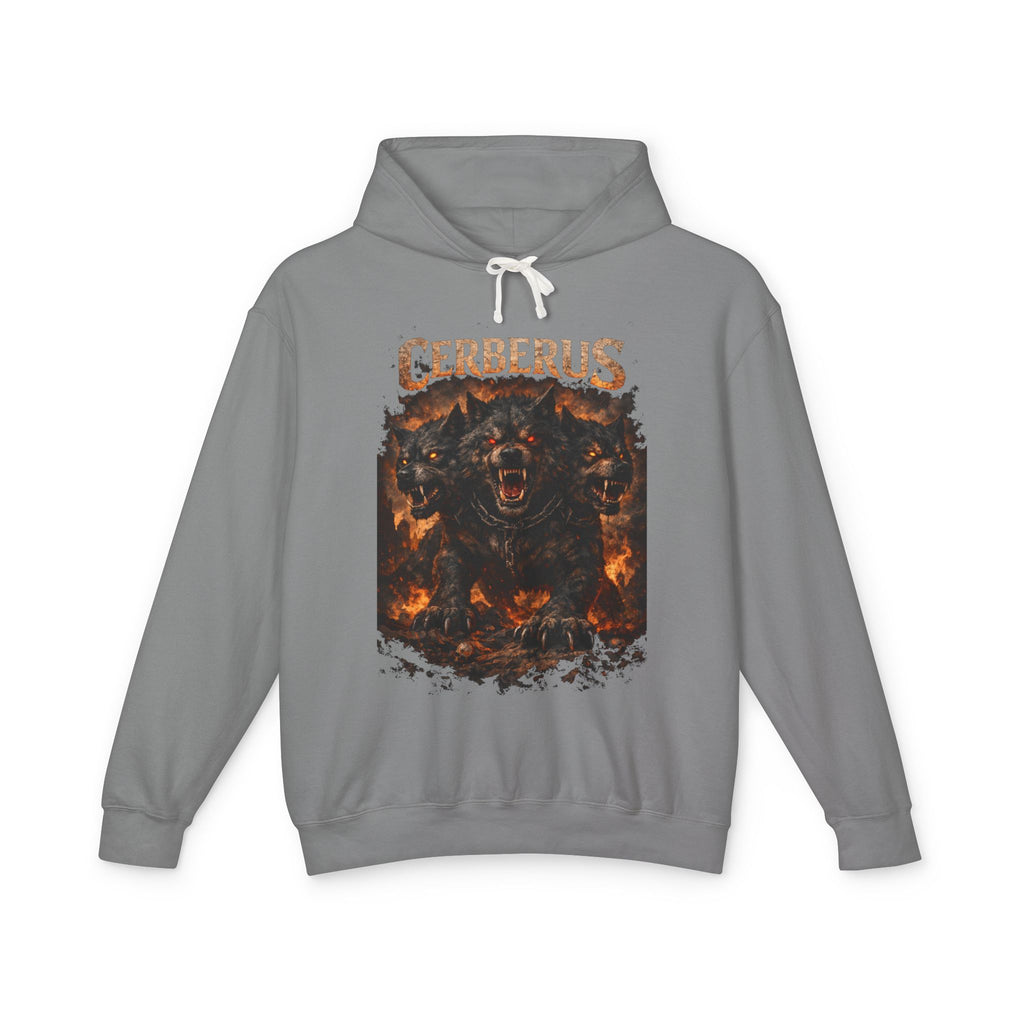 Cerberus Flames Hoodie — Mythical Three-Headed Dog Graphic Sweatshirt