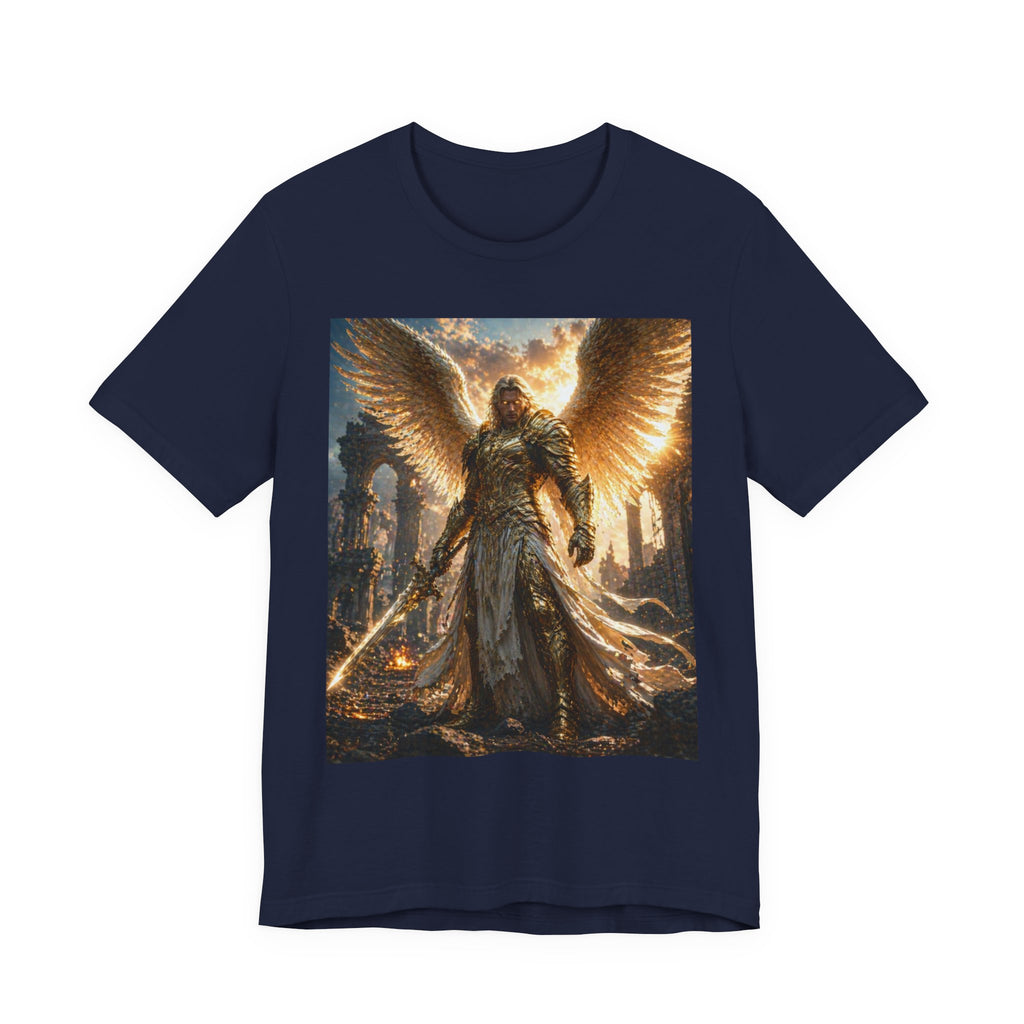 Angel Warrior Graphic Tee — Golden Archangel Battle Scene T-Shirt