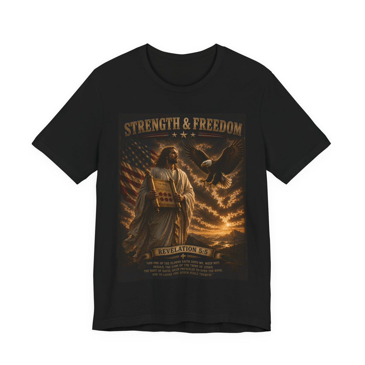 Strength & Freedom T-Shirt — Jesus with Tablets & Eagle, Revelation 20 Christian Tee