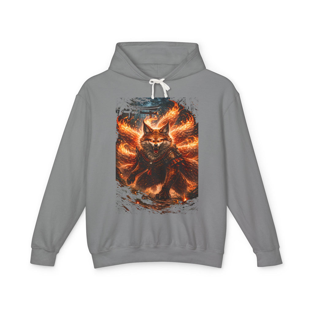 Fiery Nine-Tailed Fox Hoodie — Kitsune Flame Graphic Sweatshirt