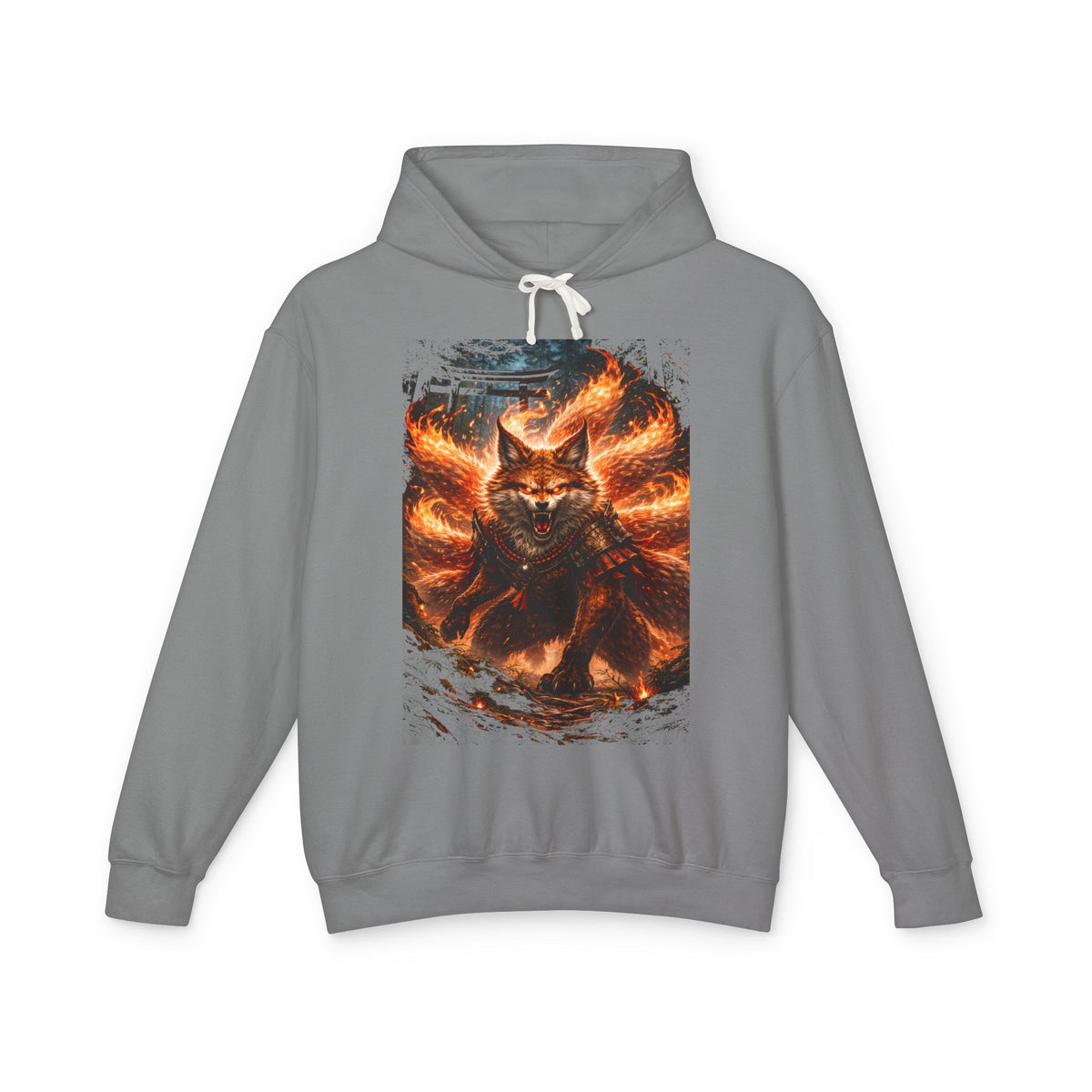 Fiery Nine-Tailed Fox Hoodie — Kitsune Flame Graphic Sweatshirt