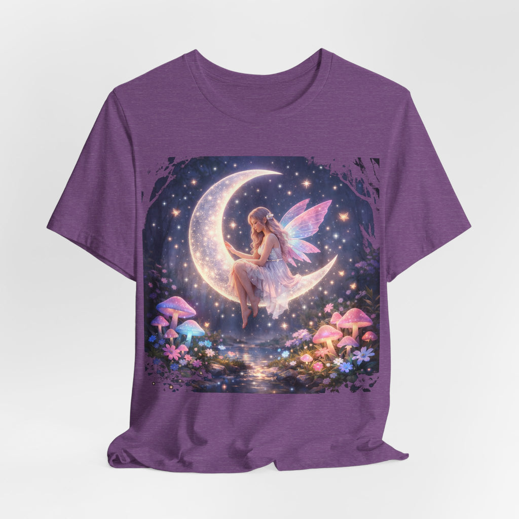 Fairy on the Moon T‑Shirt — Dreamy Fantasy Night Tee with Fairy and Mushrooms