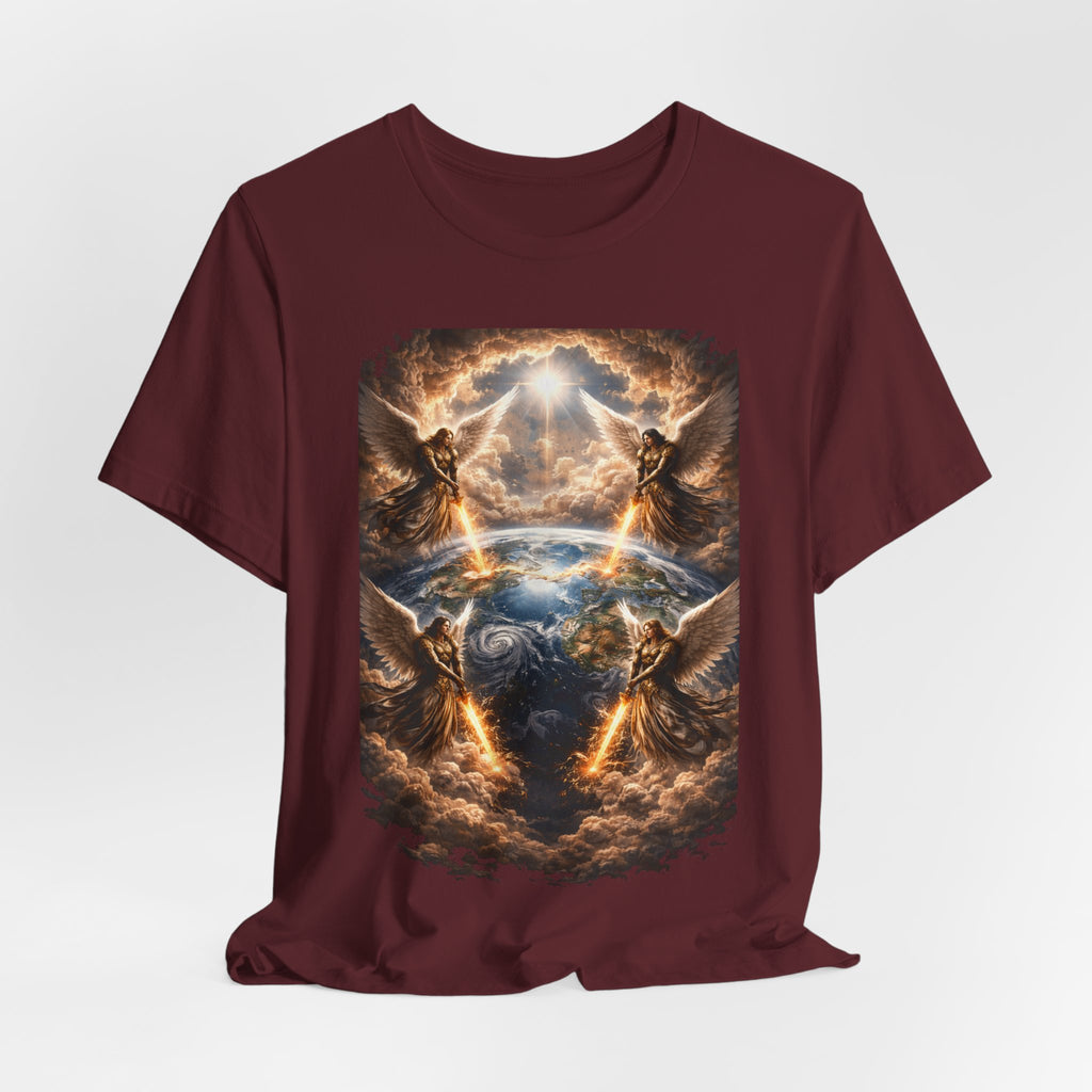 Revelation 7:1 Four angels standing on the four corners of the earth as seen from heaven-when the secound comingis near T‑Shirt — Heavenly Earth & Angels Graphic Tee