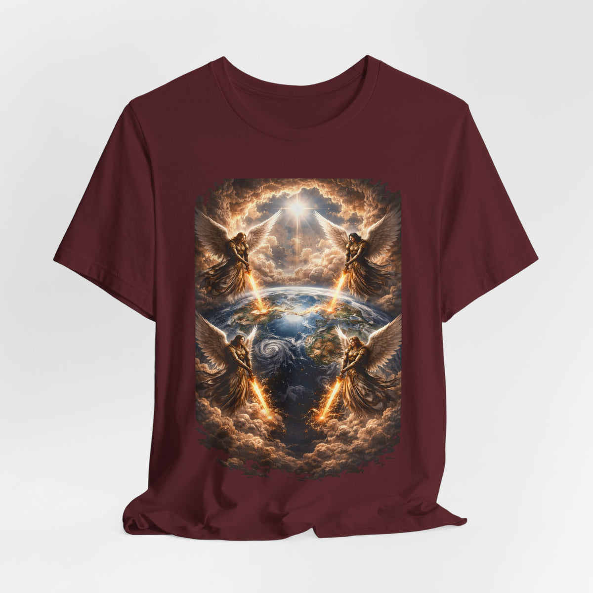 Revelation 7:1 Four angels standing on the four corners of the earth as seen from heaven-when the secound comingis near T‑Shirt — Heavenly Earth & Angels Graphic Tee