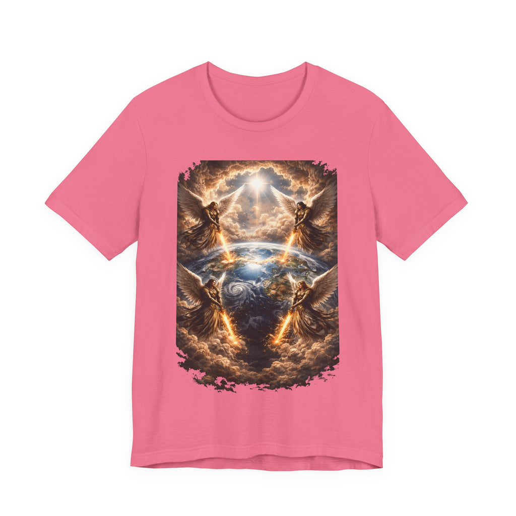 Revelation 7:1 Four angels standing on the four corners of the earth as seen from heaven-when the secound comingis near T‑Shirt — Heavenly Earth & Angels Graphic Tee