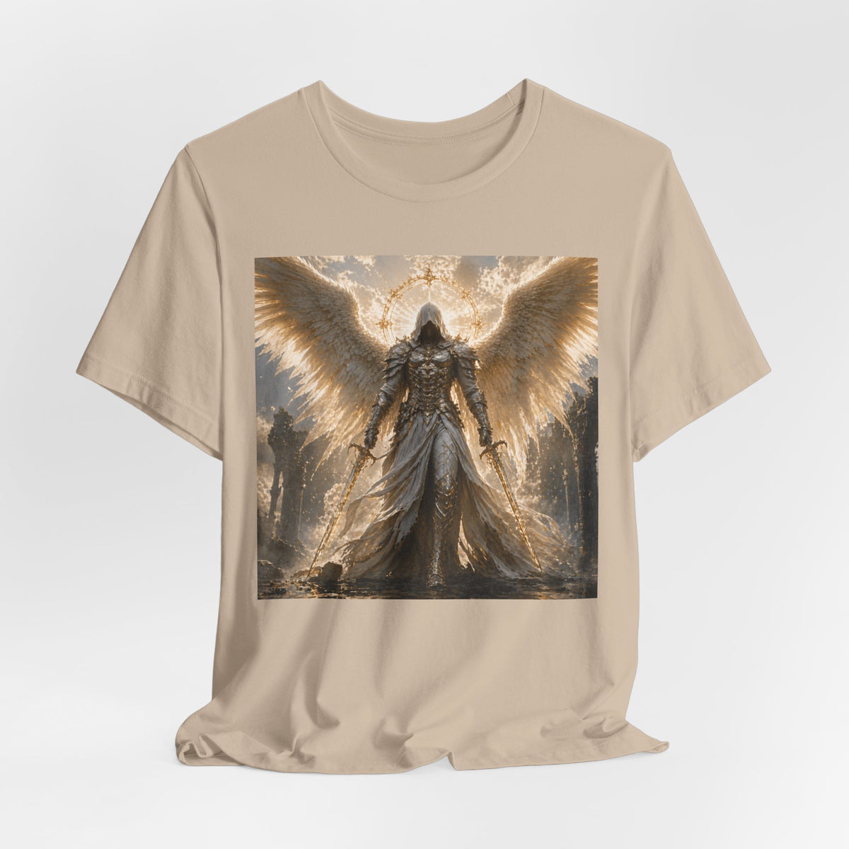 Angel Warrior Graphic Tee — Gold Guardian Wings T-Shirt