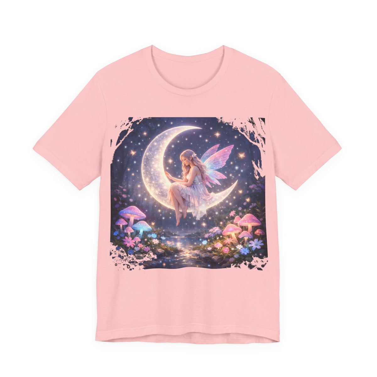 Fairy on the Moon T‑Shirt — Dreamy Fantasy Night Tee with Fairy and Mushrooms