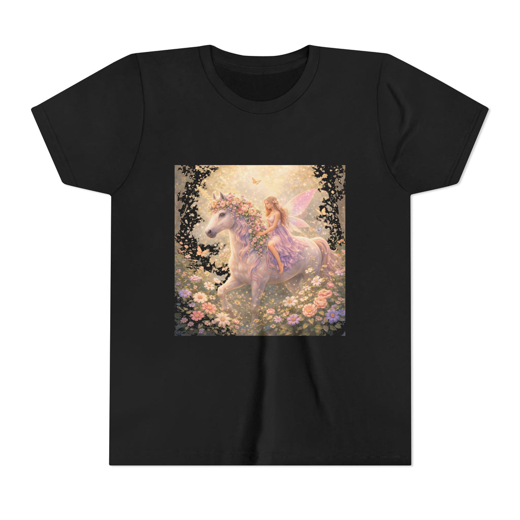 Youth Tee — Magical Fairy Riding Unicorn in Floral Garden Kids Shirt