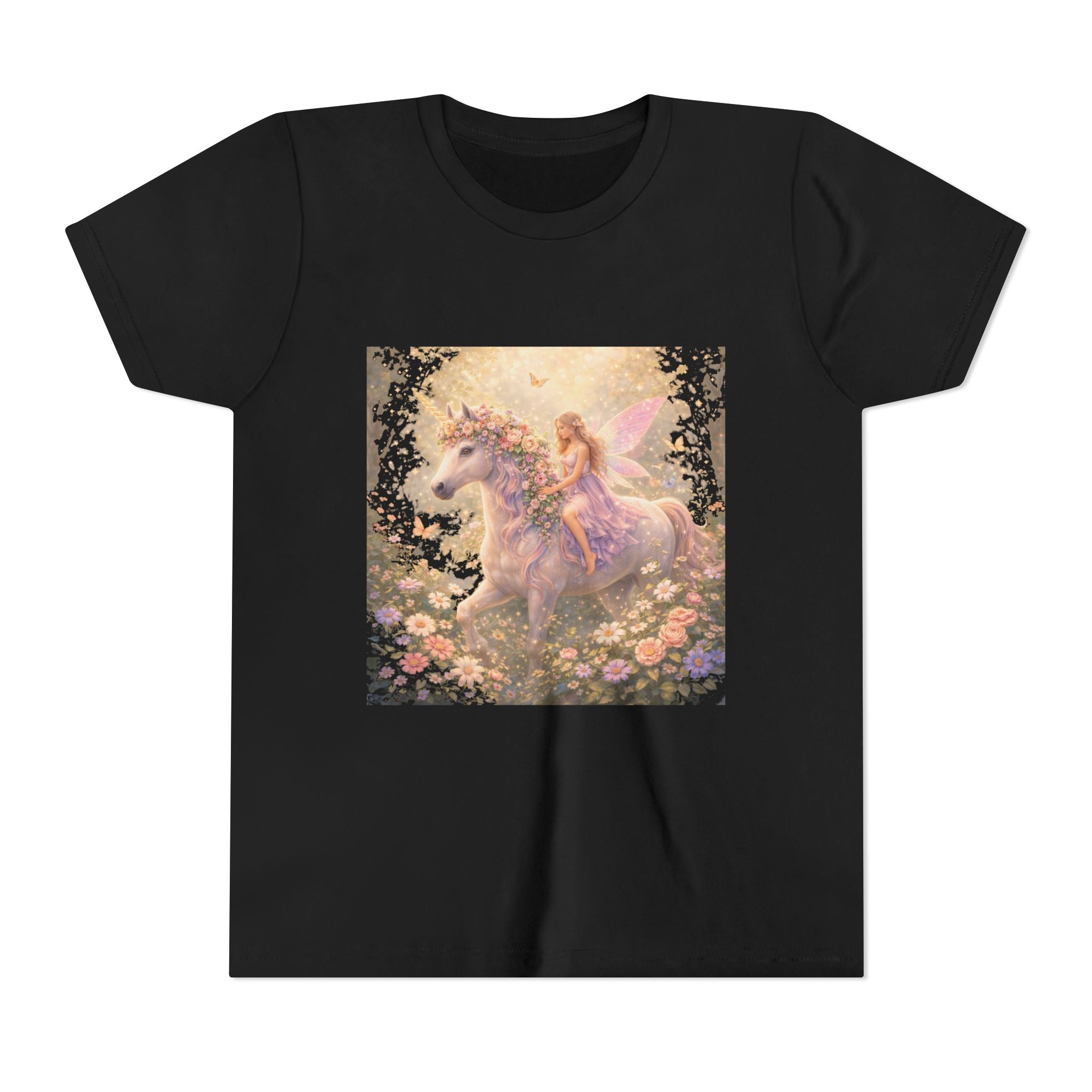 Youth Tee — Magical Fairy Riding Unicorn in Floral Garden Kids Shirt