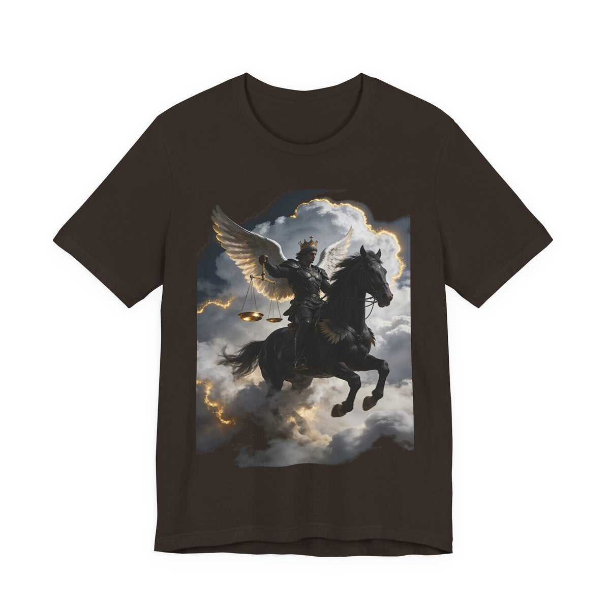 Revelation 6:5-6! And on the horse was a rider with wings as an angle dress as an warrior in black holding a golden a pair of scalesT‑Shirt — Winged Knight Graphic Tee