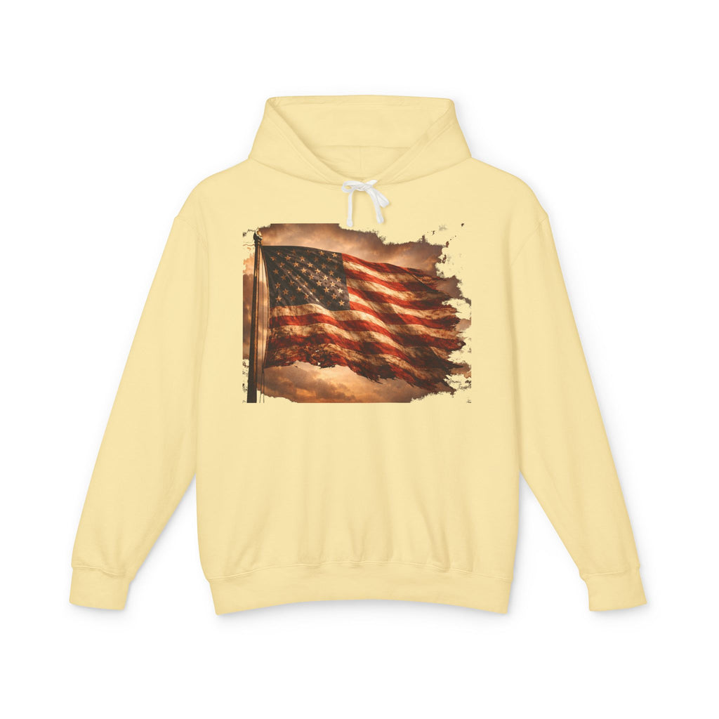 Distressed American Flag Hoodie — Vintage Patriot Lightweight Sweatshirt