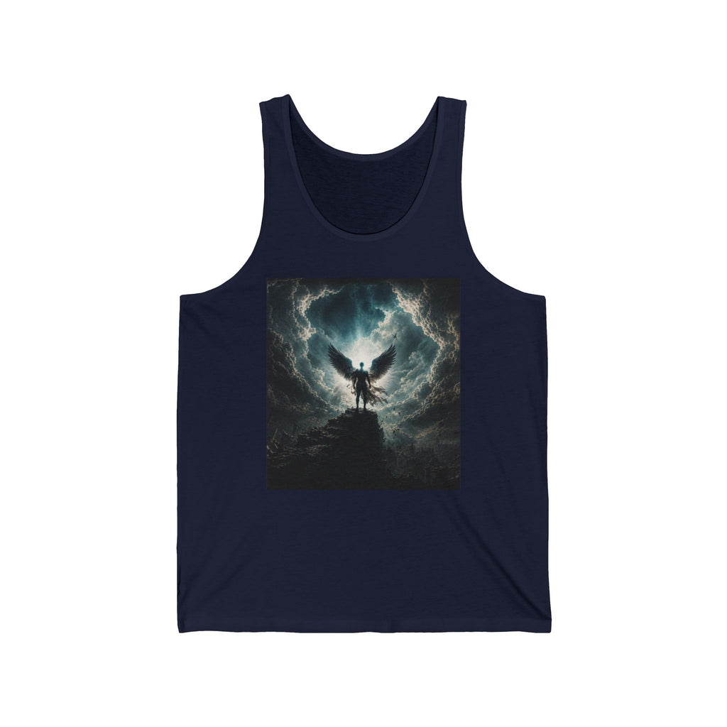 Angel Silhouette Tank Top — Dark Stormy Sky Winged Figure Graphic Tank