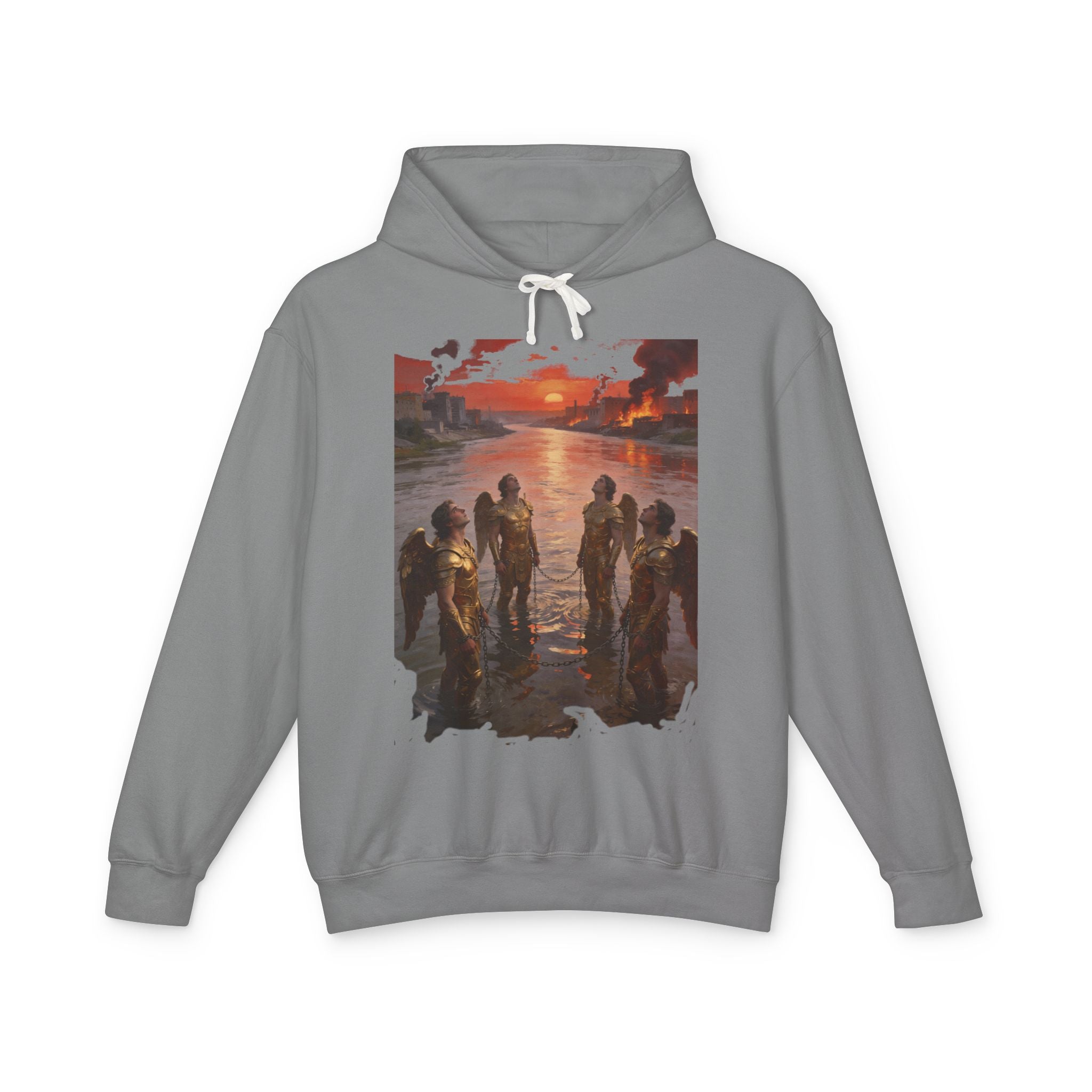Revelation 9 reveals four fallen angels bound in the Euphrates River  Crew Hooded Sweatshirt